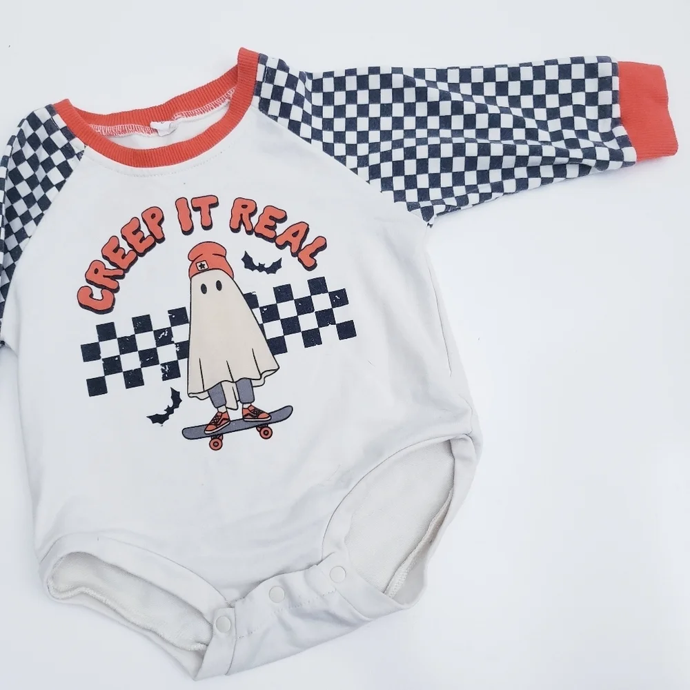 Creepin It Real Skater Ghost Long Sleeve Onesie Plaid Halloween